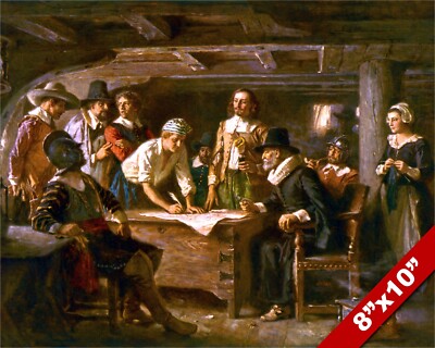 THE MAYFLOWER COMPACT PILGRIMS US HISTORY OIL PAINTING ART PRINT ON REAL CANVAS
