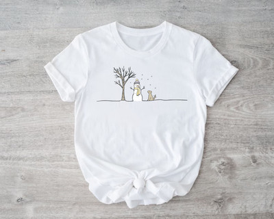 Snowman and Cute Dog T-Shirt Christmas Gift For Men Women Kids