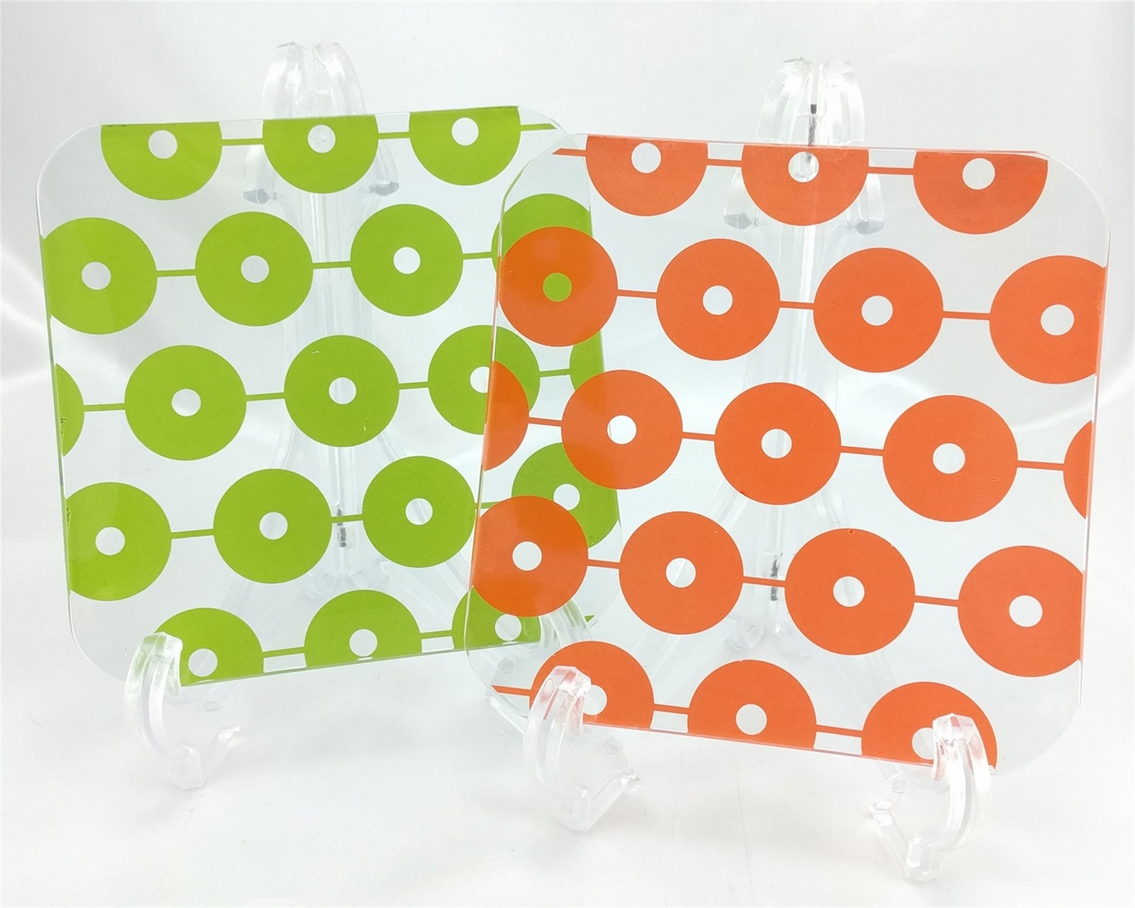 Pair Vintage Pop Art Inspired Dishes One Each Orange & Green Linked Circles