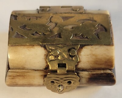 Vintage Camel Bone And Brass Jewelry Trinket Box Lined Purple Made In INDIA