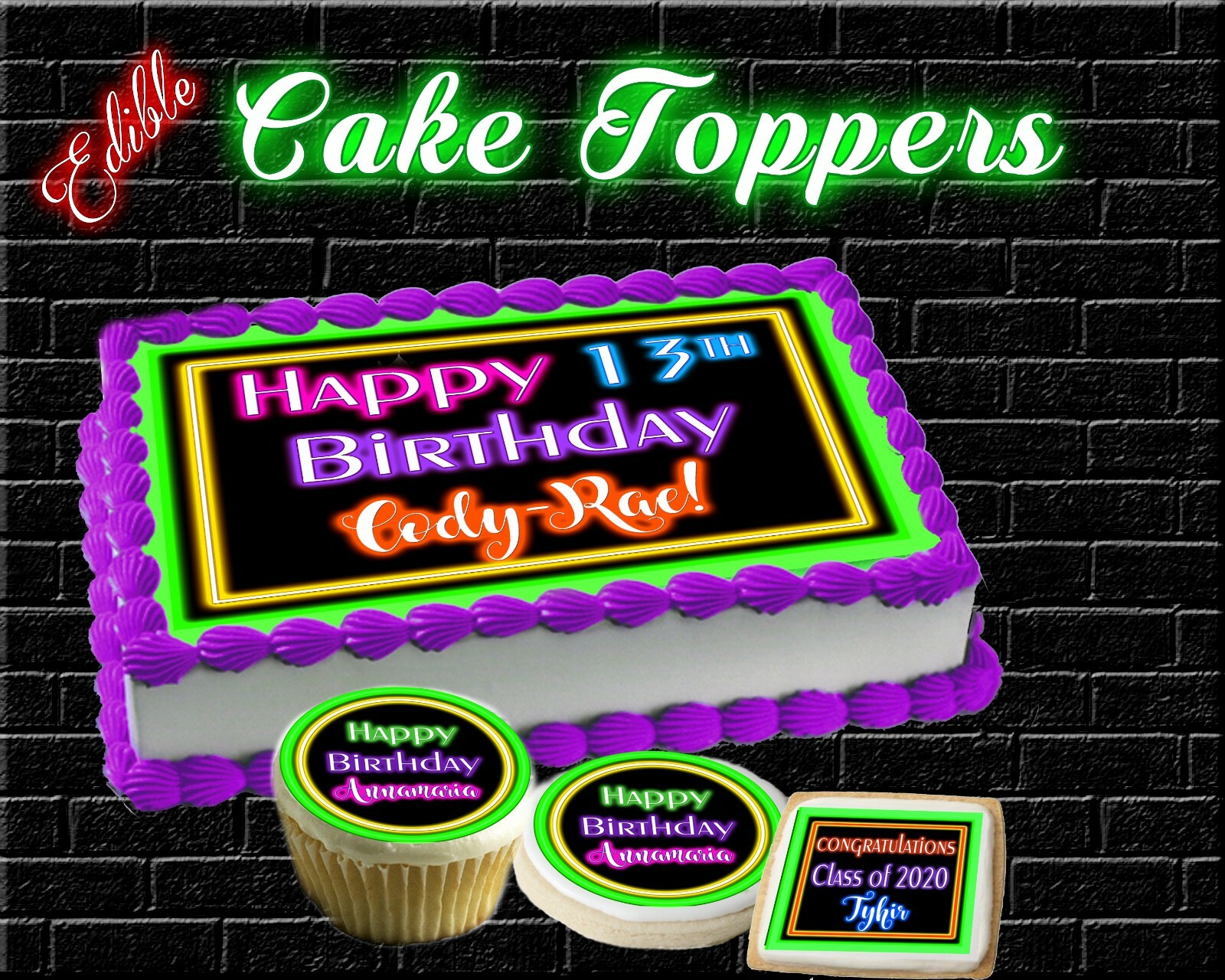 Neon sign Birthday Cake topper Edible paper sugar sheet cupcakes picture sticker