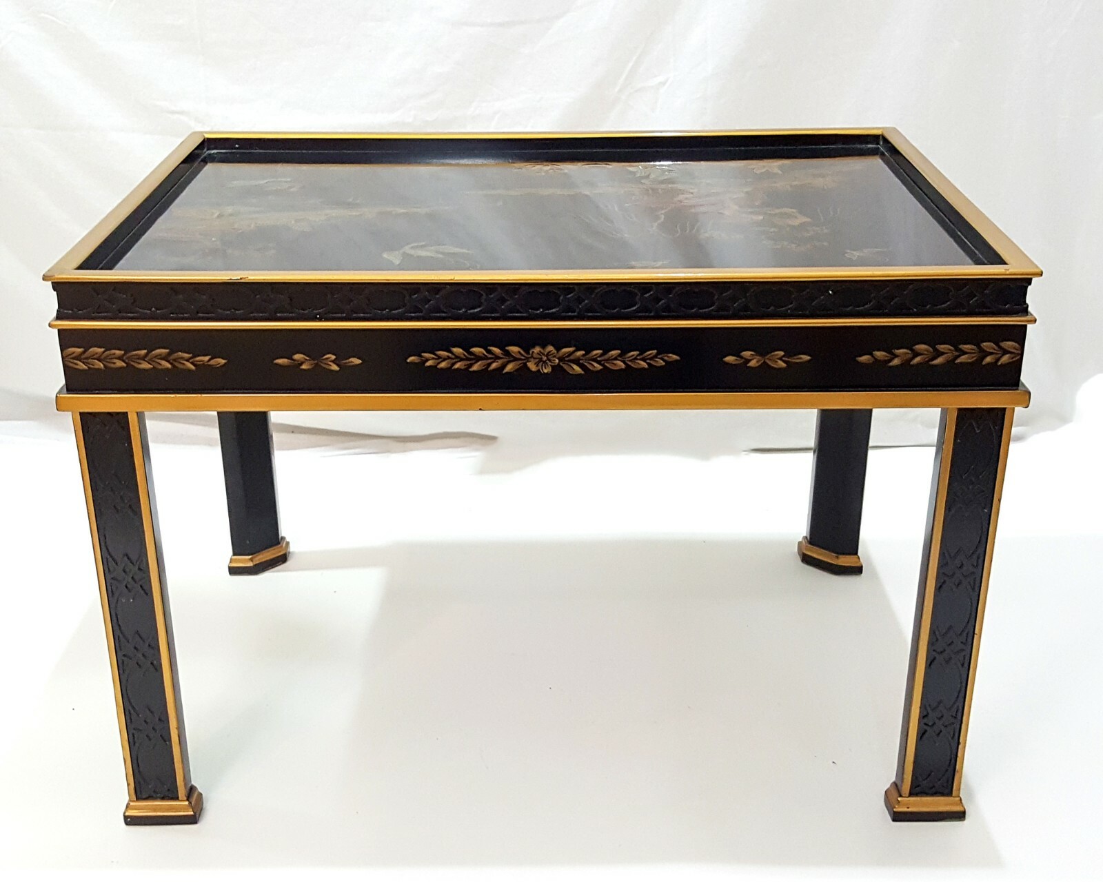 Vintage Drexel Heritage Asian Black Lacquer Side End Table Chinese Chinoiserie
