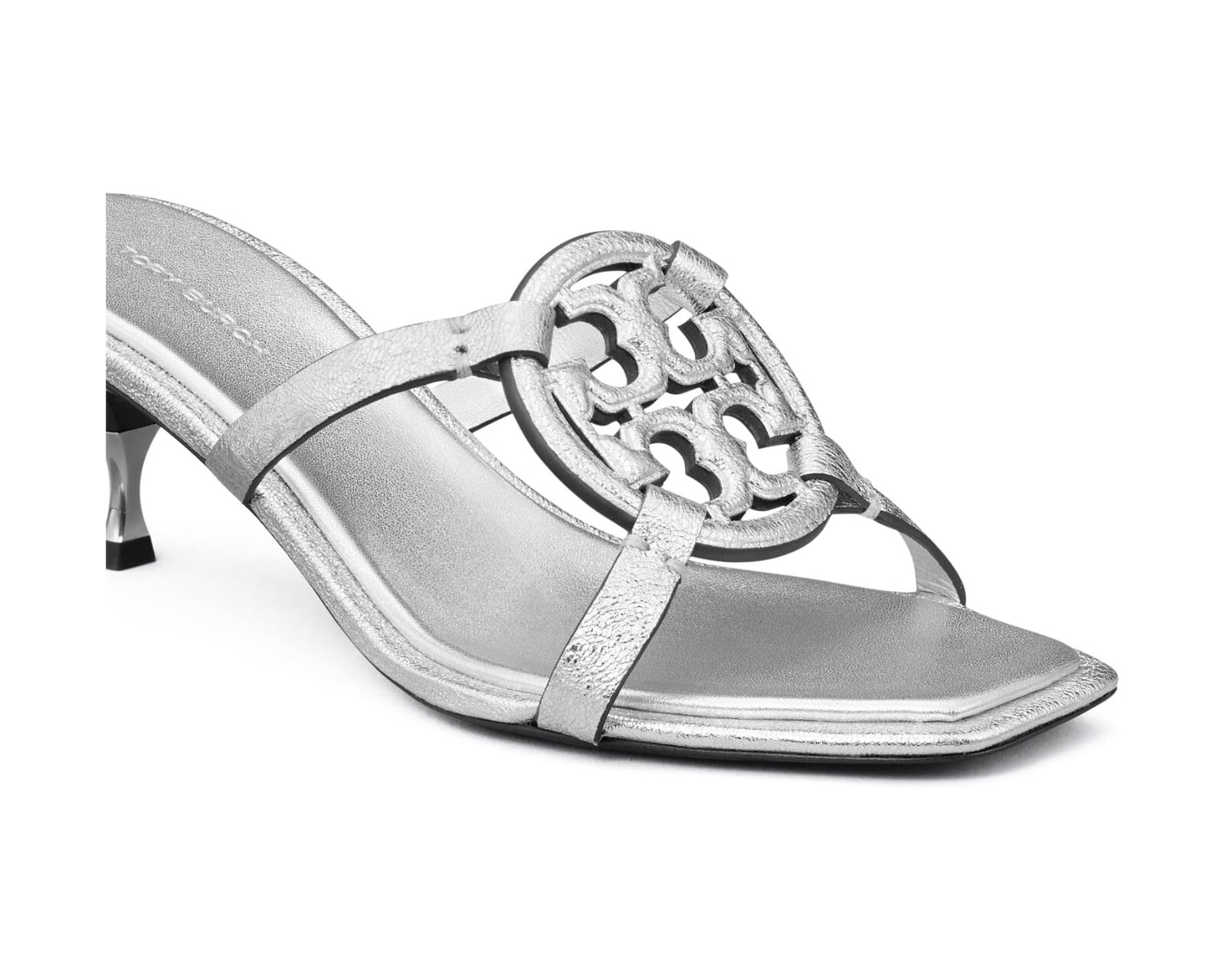 Pre-owned Tory Burch Geo Bombe Miller Metallic Slide Sandal Silver Heels 7.5 9.5 10 8