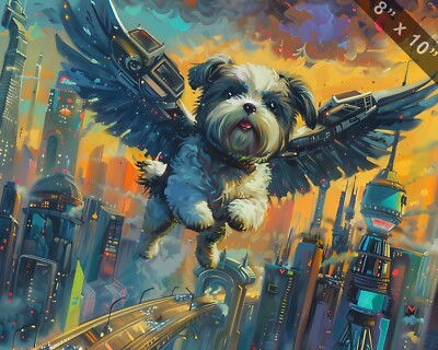 Shih Tzu with robotic wings soaring through a high-tech  8x10 Print