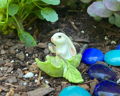 Fairy Garden Miniature Rabbit in Leaf Boat, Miniature Bunny Paddling Leaf Boat