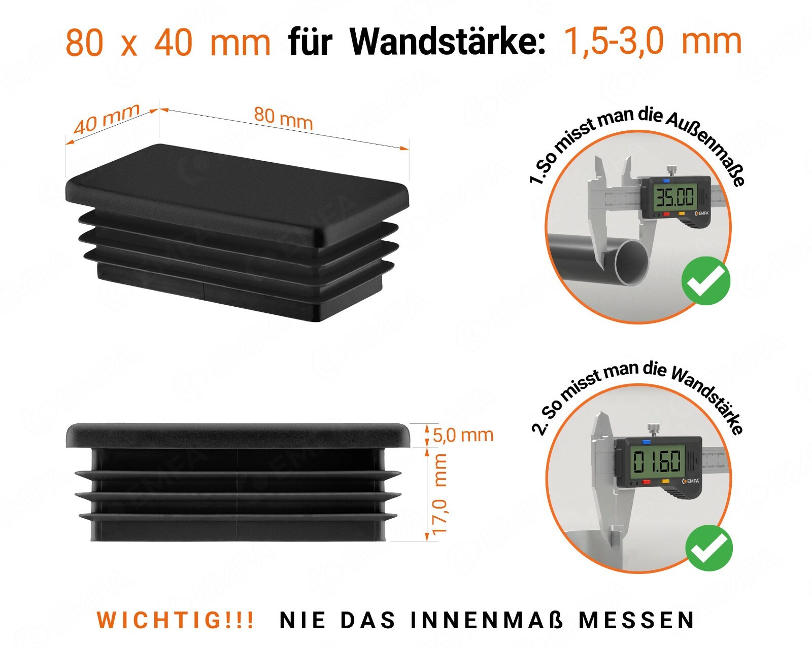 80x40 mm Lamellenstopfen Endkappen Rohrstopfen Rohrkappen Stopfen Rechteck Kappe