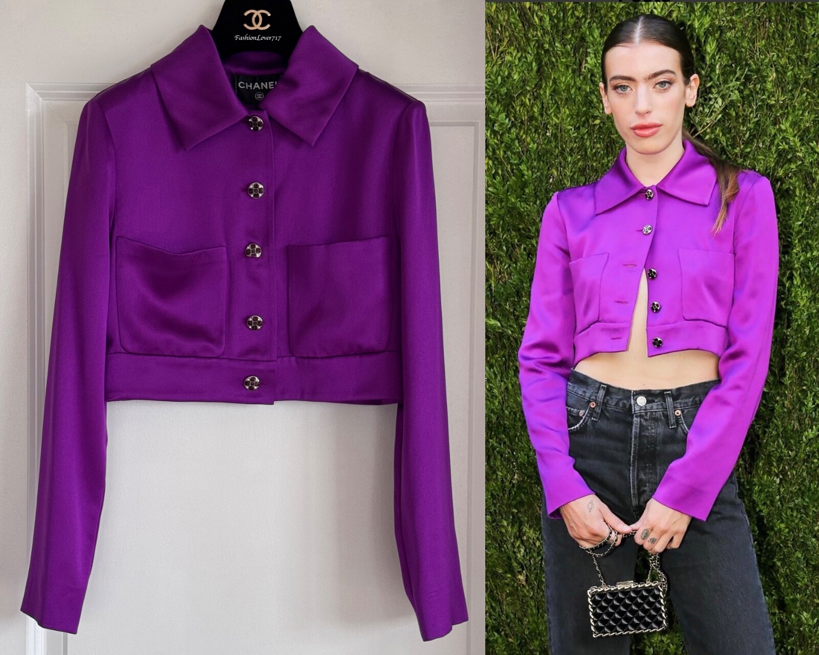 CHANEL ジップアップクロップドジャケット 34 NWT 22A CHANEL PURPLE GRIPOIX CC BUTTONS CROP SILK BLOUSE