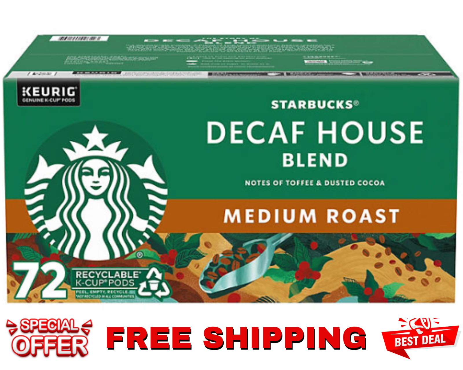Starbucks Decaf Medium Roast K-Cups Ground Coffee House Blend 72 Count Free Ship