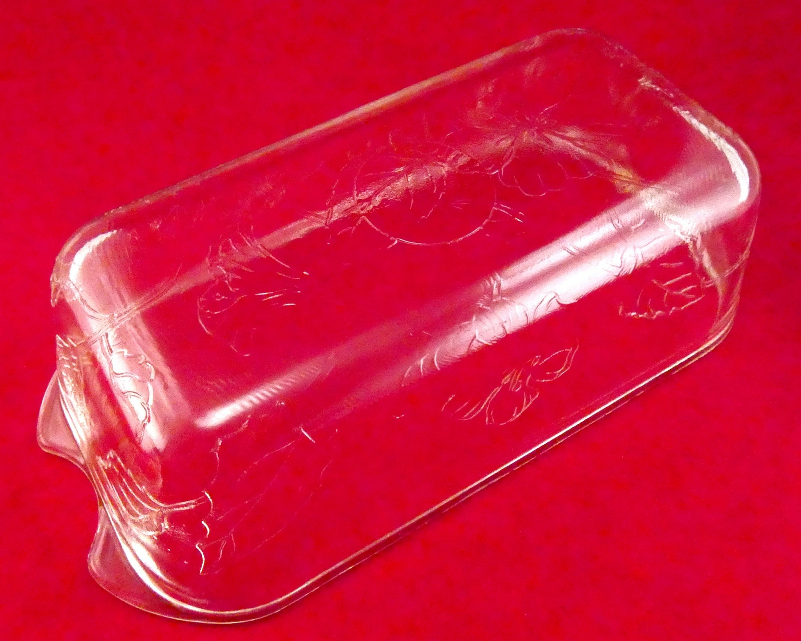 Floral Embossed Clear Glass Vintage Loaf Pan w/ Scalloped Handles & Matching Lid