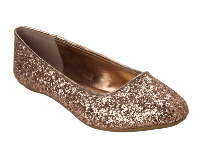 WOMENS ROSE GOLD GLITTER WEDDING PARTY FLAT DOLLY BALLET PUMPS