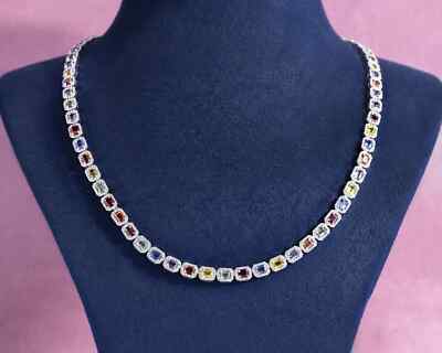 40 Ct Sapphire Multicolor & Lab Created Diamond Tennis Necklace In 925 Silver
