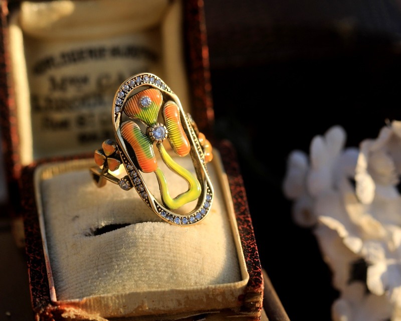 Bague DorÃ© Antique RÃ©Glable Art Nouveau Feuille Trefle Vert Orange Cz Blanc Sb51