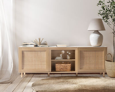 For 75+ Inch Tv, Entertainment Center With Real Rattan Decor