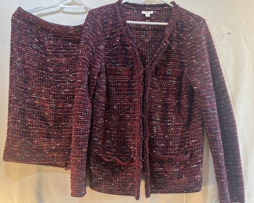 VINTAGE J. Jill 2 Piece Set Cranberry Tweed Fringe Knit