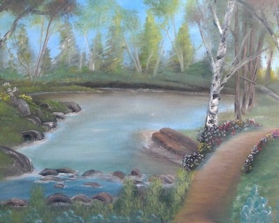 Old Swimming Hole Colorful Original  Signed Oil Painting 18x24 Inches