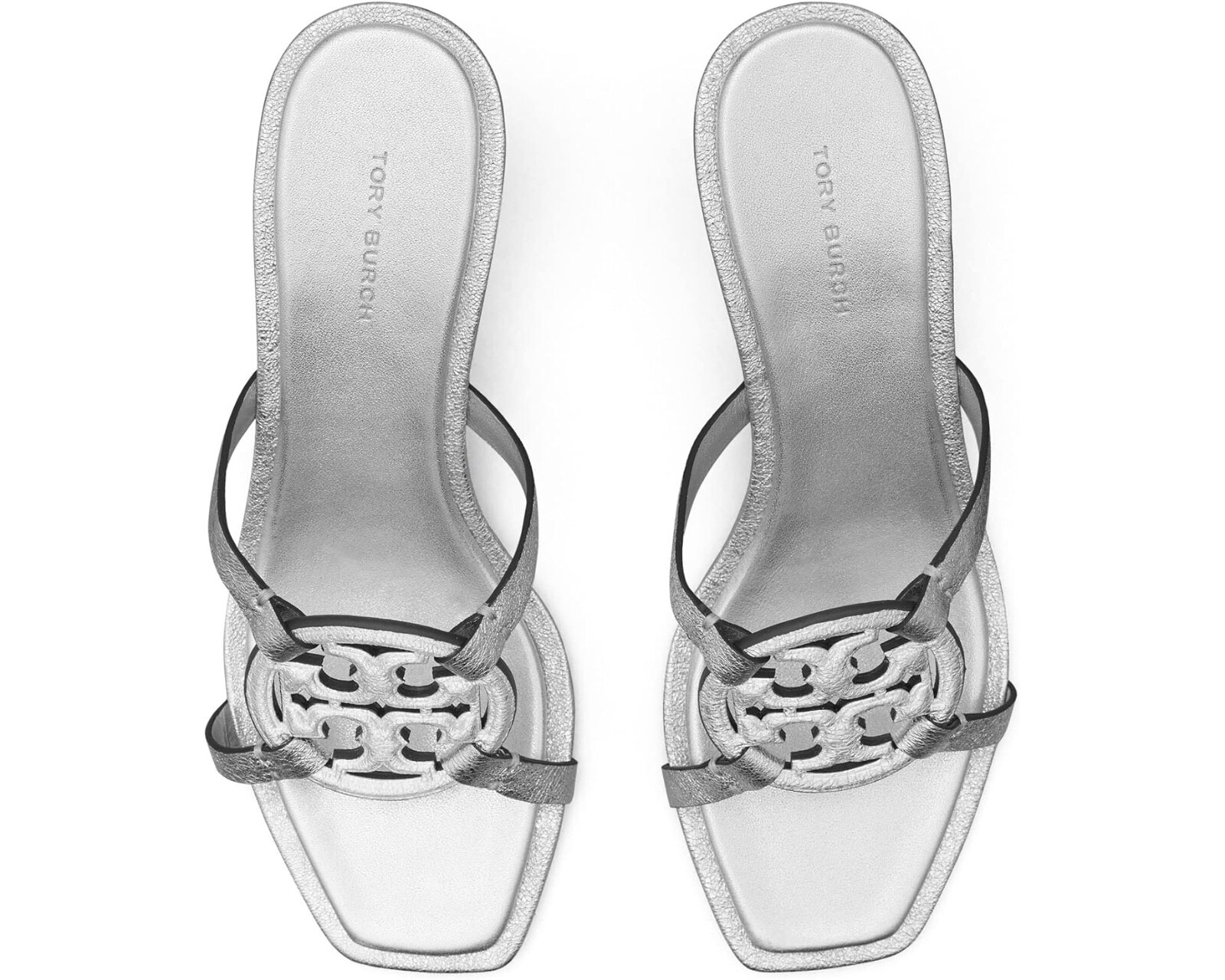 Pre-owned Tory Burch Geo Bombe Miller Metallic Slide Sandal Silver Heels 7.5 9.5 10 8