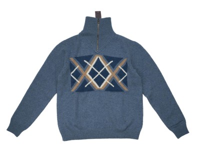 Pre-owned Isaia $2,395 Blue Beige White Argyle Cashmere 1/4 Zip Turtleneck Sweater M