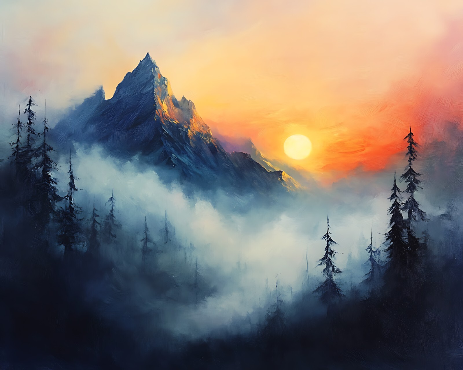 Sunset over a misty mountain oil painting 8x10 Print | eBay
