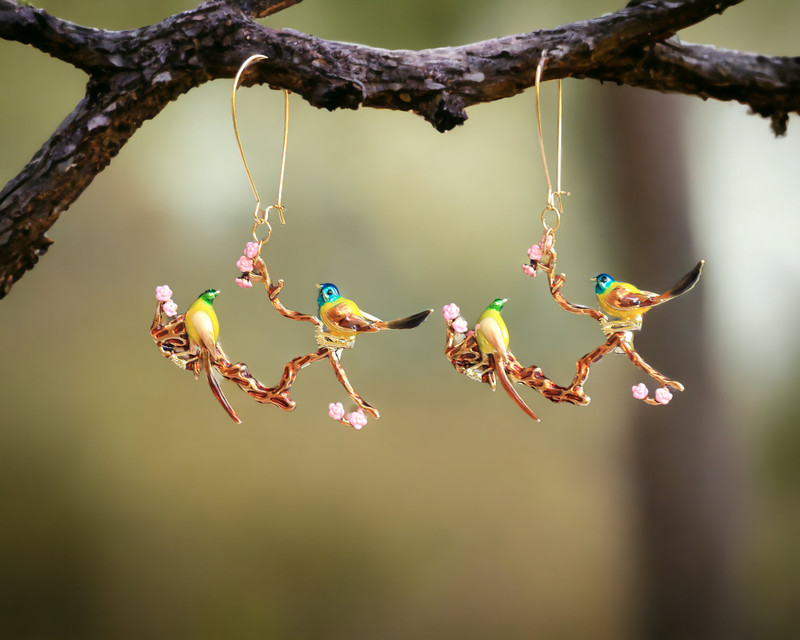 Boucles D'Oreilles Dormeuses DorÃ© Art Nouveau 2 Oiseau Sur Prunier Rose Xz16
