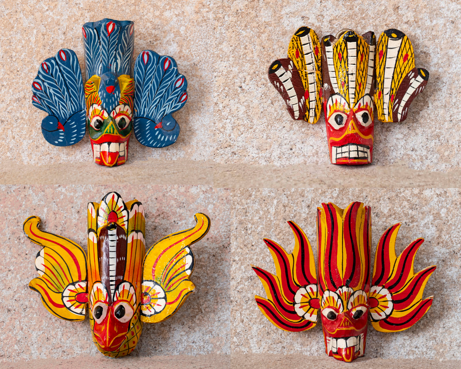 伝統的な木製マスク 多色 スリランカ Set of 4 Sri Lankan Handmade Traditional Tiki Wooden Mask 4