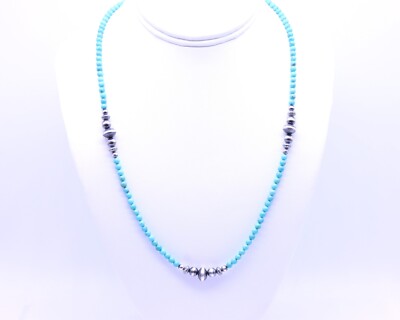 Blue Green Kingman Turquoise Sterling Silver Navajo Pearl Bead Gemstone Necklace