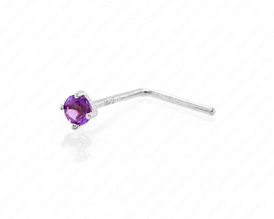 Solid 14kt Gold 22G L-Shape Nose Stud Amethyst Gemstone L-Bend Nose Ring Stud