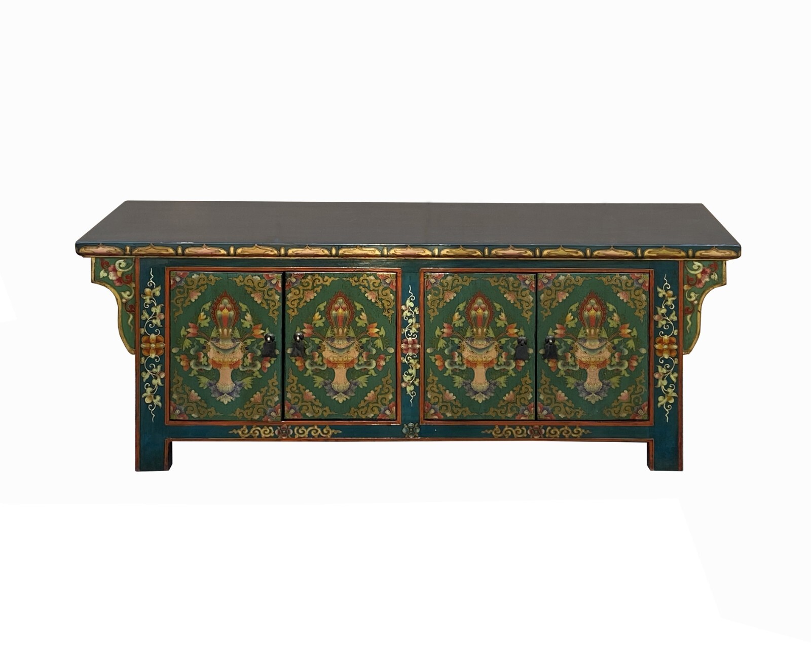 Chinese Tibetan Teal Green Blue Jewel Treasure Graphic Low TV Console Table cs7744S Chinese Tibetan Teal Green Blue Jewel Treasure Graphic Low TV Console Table cs7744S