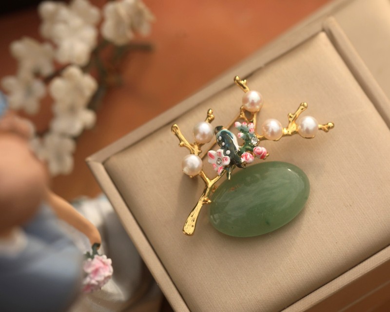 Broche Doré Belle Eopque Branche Arbre Vraie Perle Aventurine Oiseau Vert Xz18