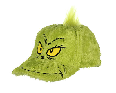 Dr. Seuss GRINCH Fuzzy Embroidered Face  Adjustable Baseball Cap OSFM
