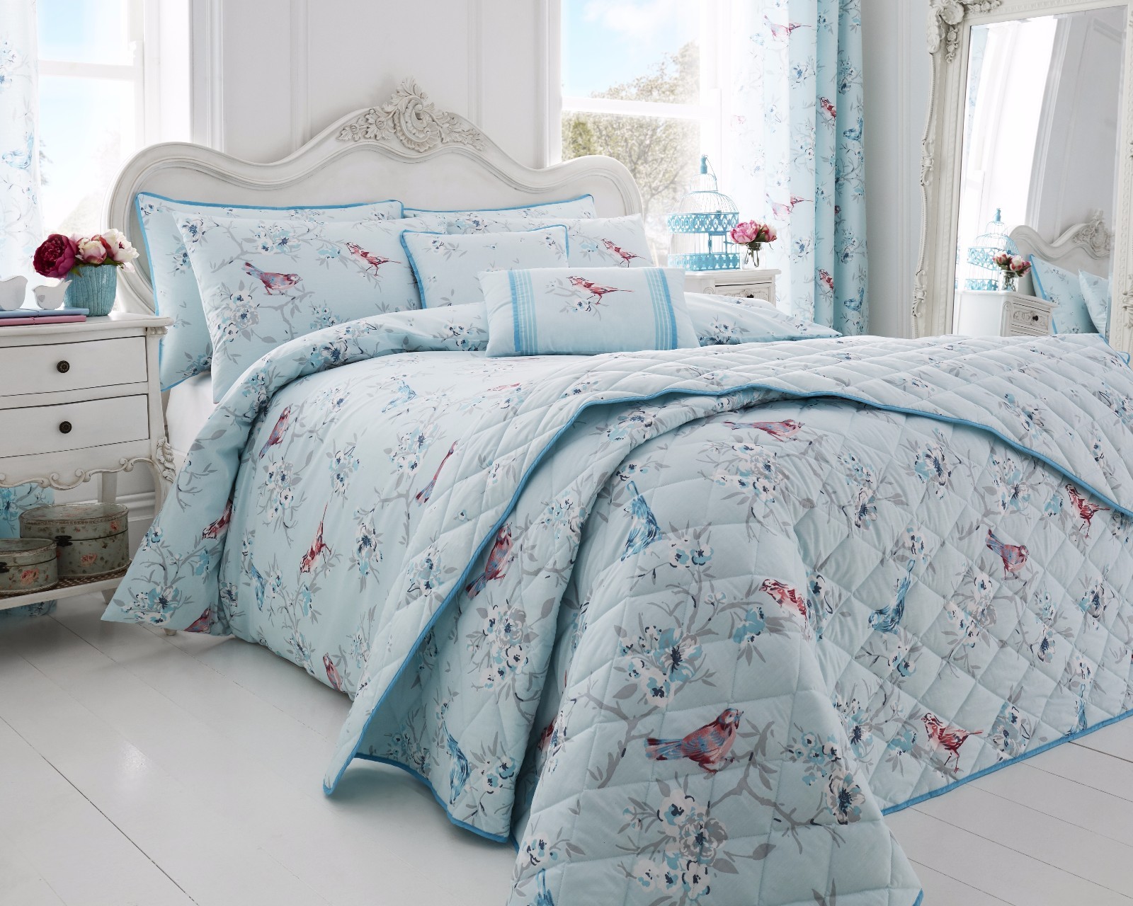 Duvet Cover Set Little Birds Duck Egg Cotton Rich Bedspread Cushions available eBay
