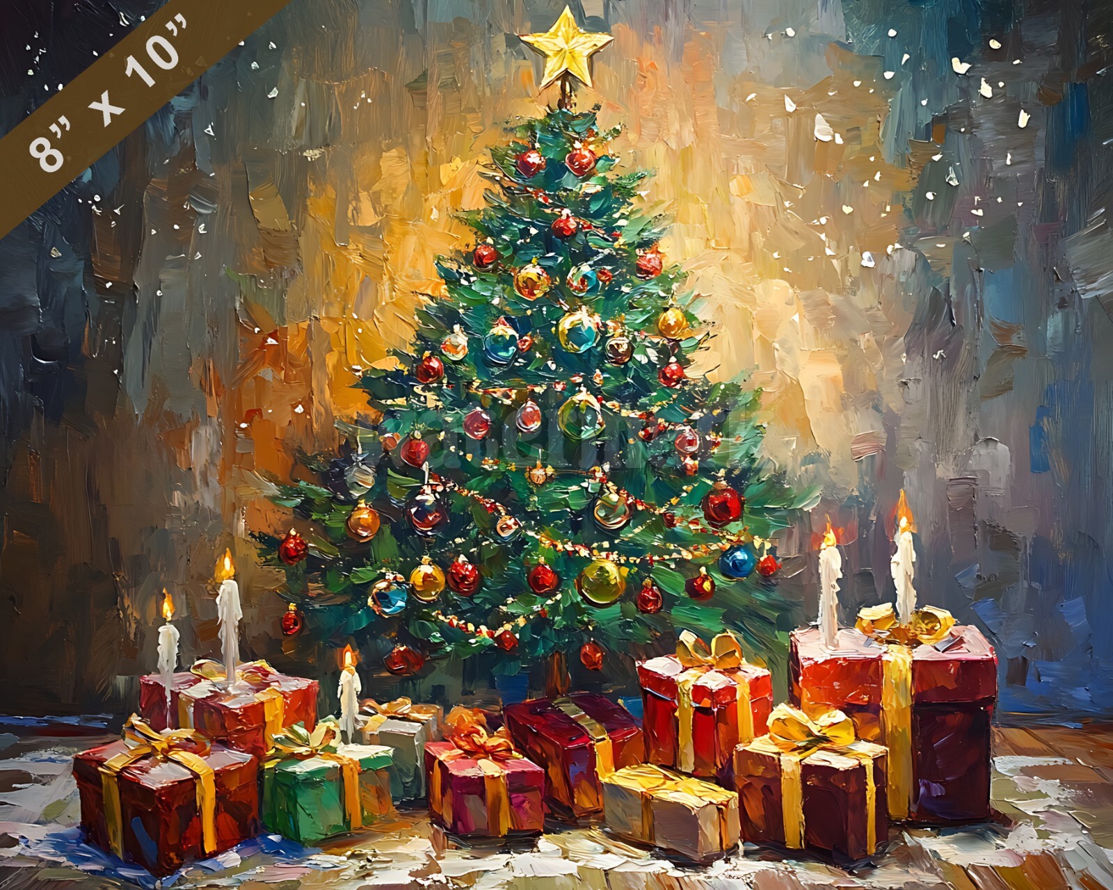 油彩画　Xmas tree Christmas tree with gifts and candles oil painting 8x10