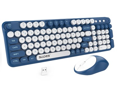 Blue Colorful Wireless Keyboard and Mouse,Cute Retro Typewriter Computer Keyb...