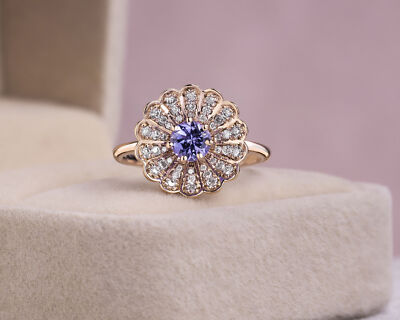 0.71 Ct Bluish Purple Tanzanite & Lab Diamond E-F/VVS2-VS1 14k Rose Gold Ring