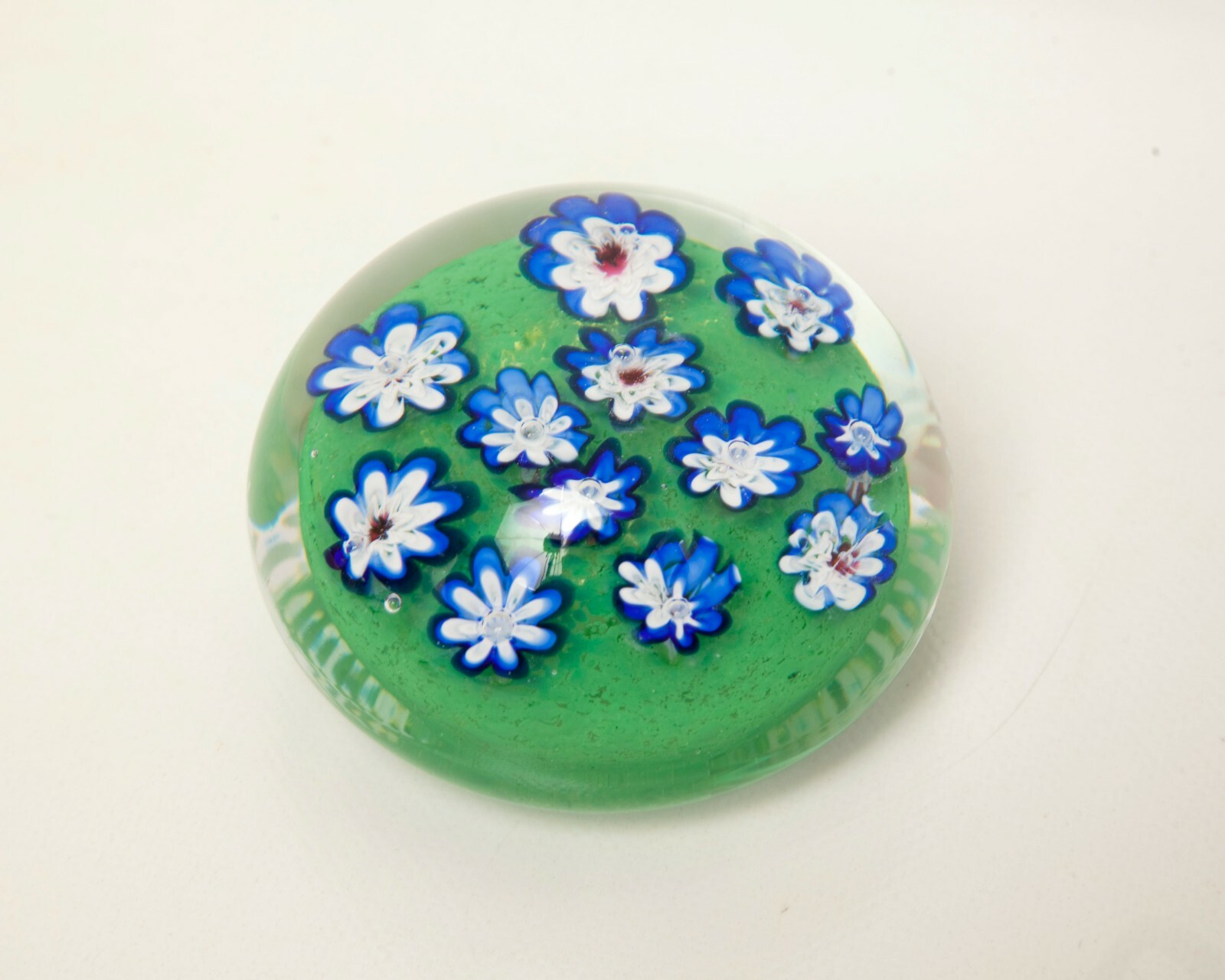 Vintage Millefiori Glass Paperweight Hand Blown Art Glass Flowers Blue White Red