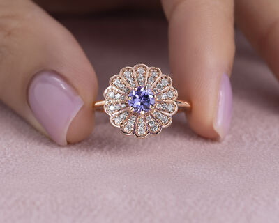 14k Rose Gold Ring 0.71 Ct Bluish Purple Tanzanite & Lab Diamond E-F/VVS2-VS1