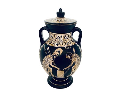 Greek Vase Amphora with lid,Ajax and Achilles,White figure Pottery 19cm