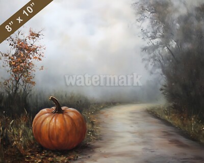 Pumpkin by a misty road oil painting 8x10 Print