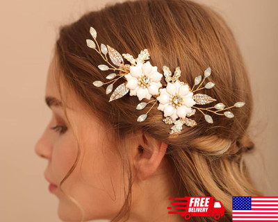 White Flower Hair Barrettes Wedding Rhinestone Leaf Handmade Bridal Hair Clip