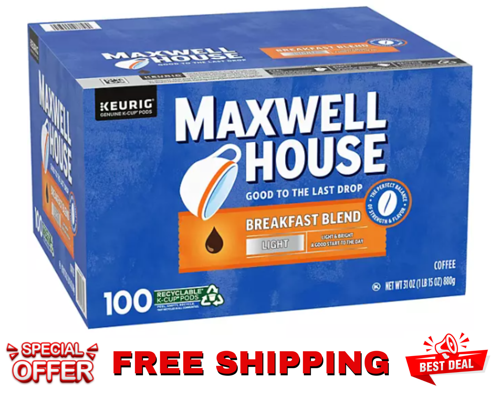 Maxwell House Breakfast Blend Light Roast K-Cup Coffee Pods 100 Count Free Ship