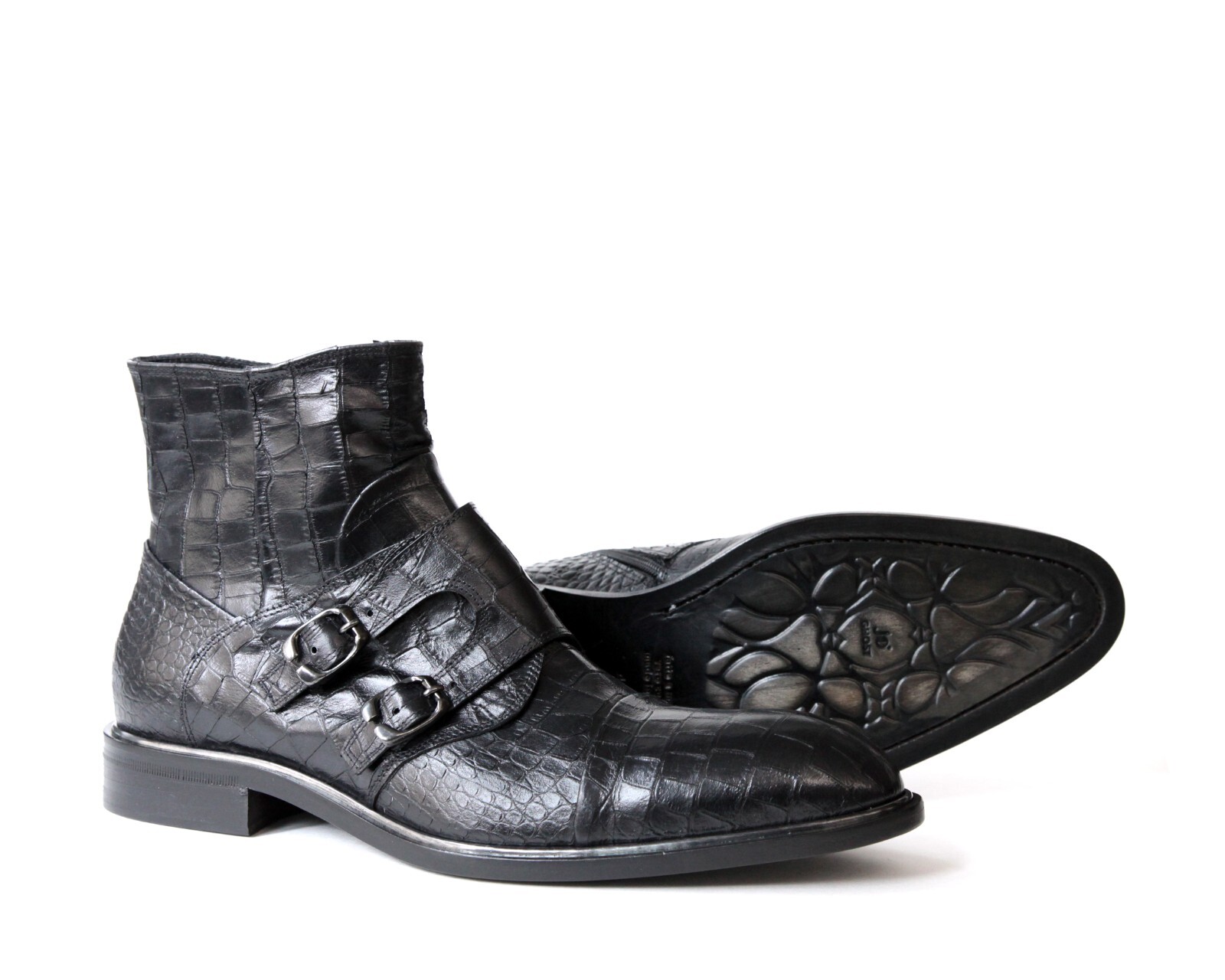 Pre-owned Jo Ghost 2994 Italian Black Croco Print Leather Boot With 2 Buckles/zipper