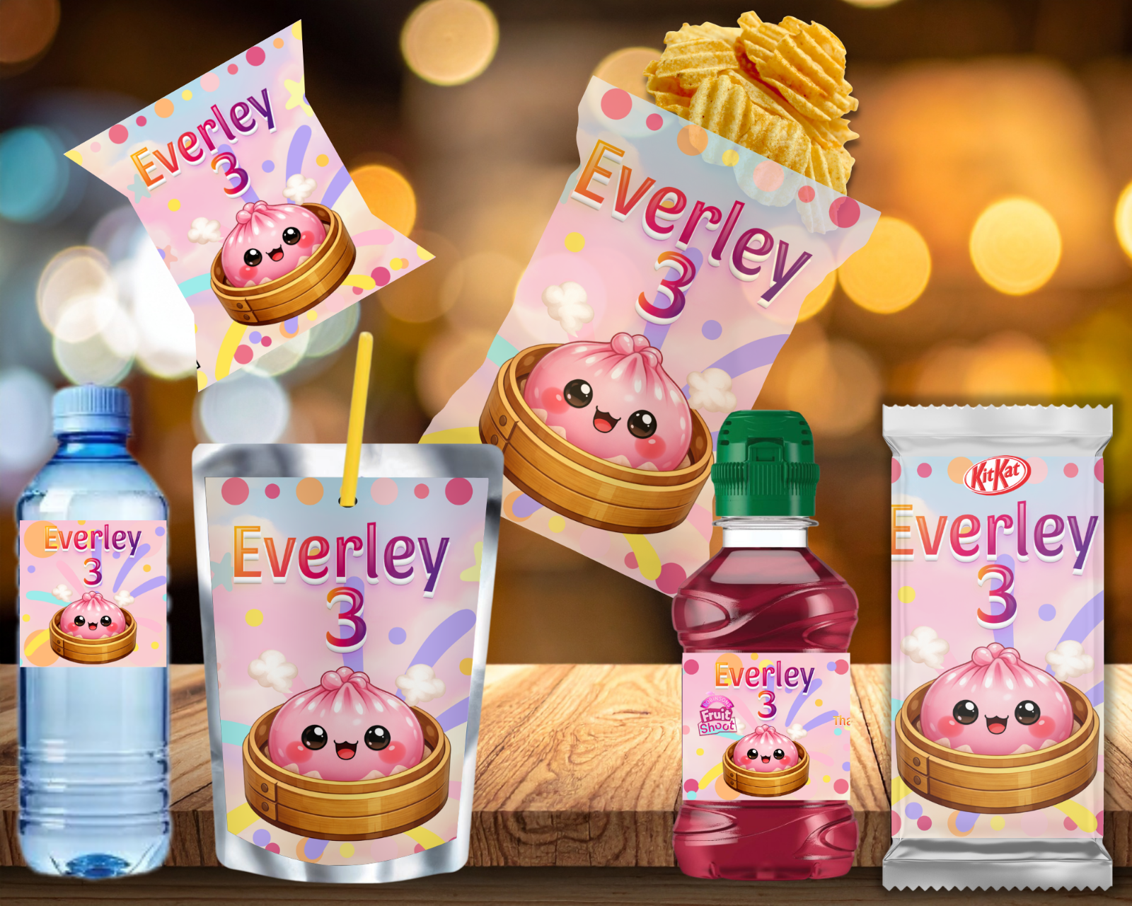 Kawaii Dumpling Birthday Supplies - Personalised Labels, Chip Bags & Wrappers