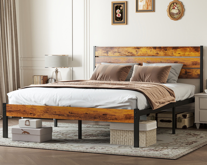 Marco De Cama Queen Size Base Plataforma Metal Cabecera De Madera Cafe Habitacio