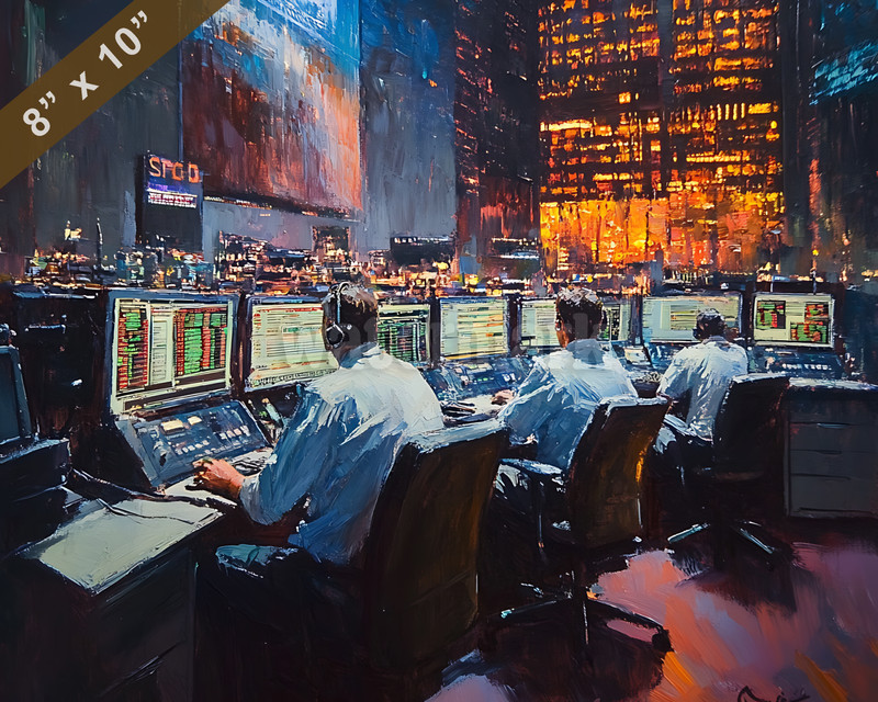 Financial news and trading floor in action oil painting 8x10