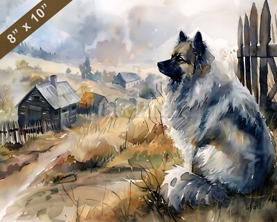 Keeshond watercolor painting in a serene village 8x10 Print 