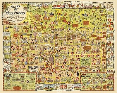 1928 Hollywood Places of Interest Historic Old Map - 24x30