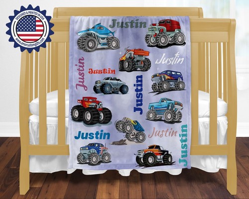 Personalized Baby Boys Monster Trucks Blanket, Custom Name Blanket