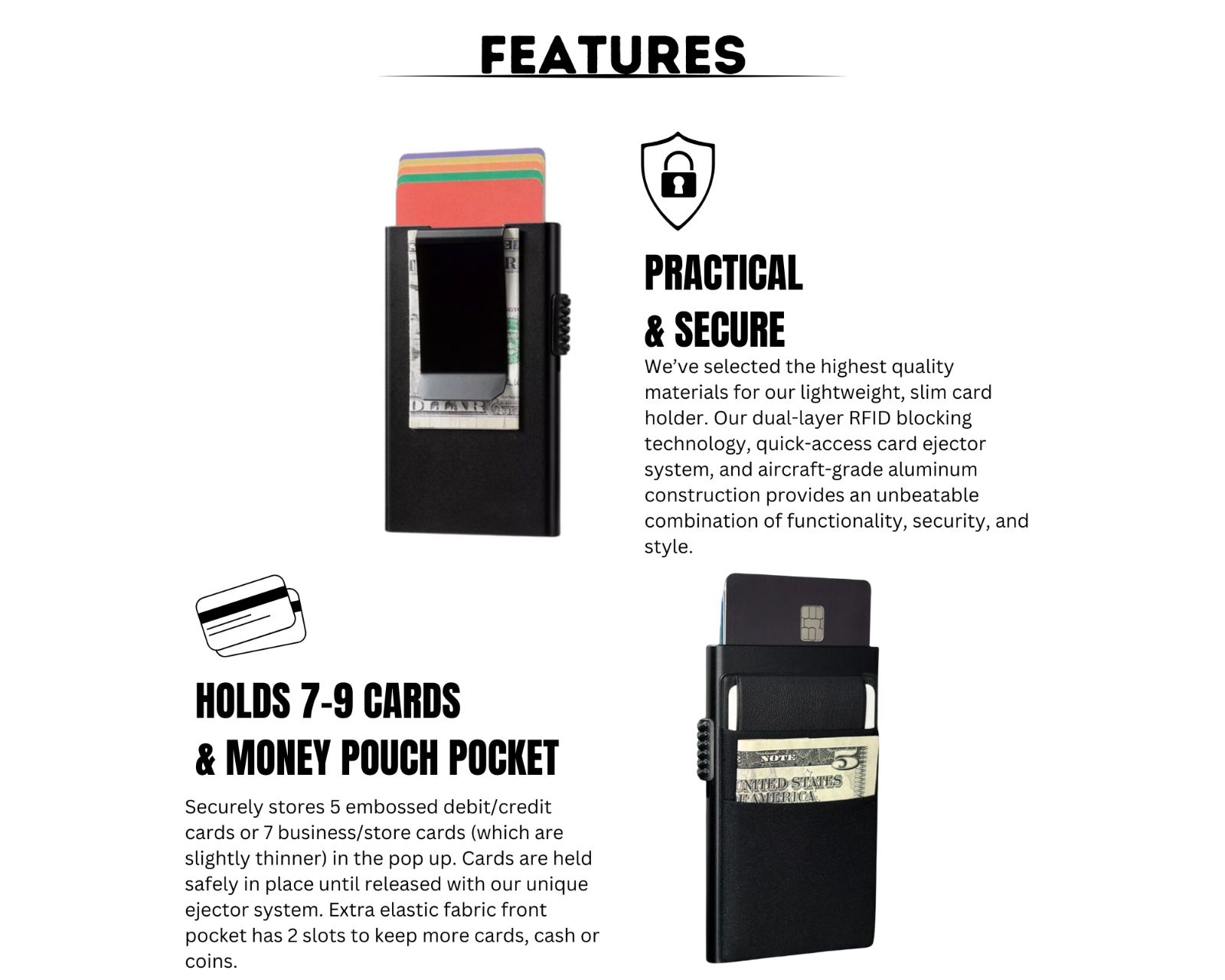 Men's Ultra Slim Aluminum Wallet Pop Up RFID Blocking Card Holder Money Clip