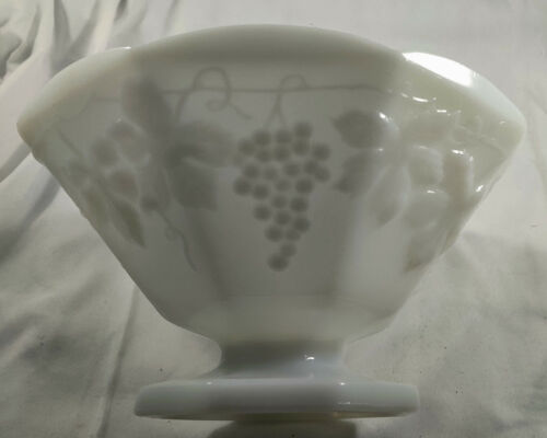 Vintage WHITE MILK GLASS Pedestal Footed Large Fruit Bowl Grape & Leaf Pattern