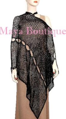 Pre-owned Maya Matazaro Black Crochet Poncho Top Asymmetrical Rayon-silk  One Size