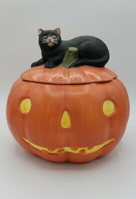 SAKURA by David Carter Jack O Lantern Pumpkin Cookie Jar Black Cat Halloween